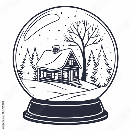 Winter snow globe cabin scene, isolated illustration