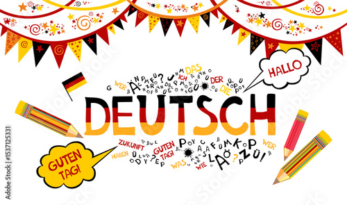Deutsch. Translation: "German". Learning German Online education concept. German language hand drawn doodles and lettering. Language education illustration for education, foreign language study