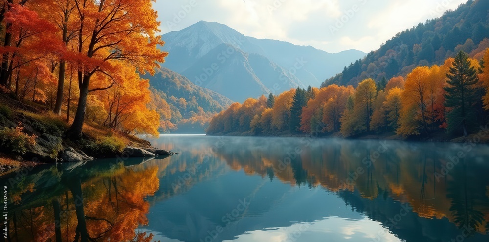 custom made wallpaper toronto digitalSerene autumn lake, golden foliage reflected Tranquil forest panorama , scenic, calm, environment