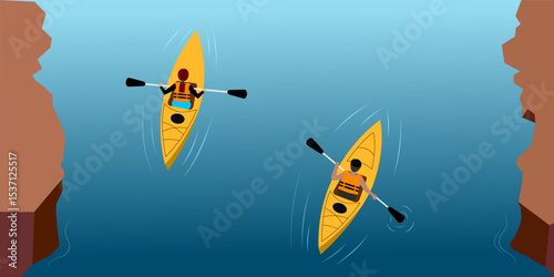Happy people kayaking on the river. Traveler with kayak on water. Canoe players canoeing on lake. Joyful people enjoy water sports extreme outdoor active vector illustration. Nature travel adventure