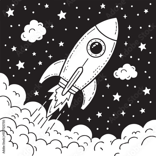 A whimsical cartoon rocket flies through the cosmos past a planet and bright stars, illustrating a fantastical space exploration journey