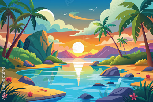 tropical beach with palm trees and sea