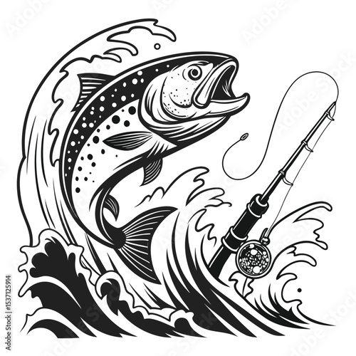 Jumping Trout with Rod – Black and White Fishing Vector Set