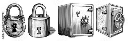 Vector Vintage locks and safe set with detailed engraving style.