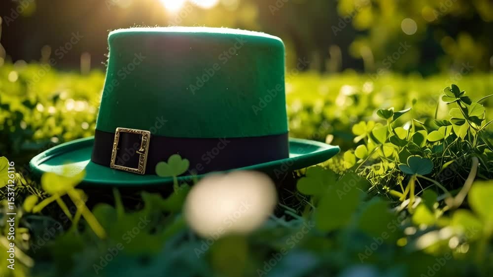 Festive green hat with buckle resting in a field of shamrocks, illuminated by sunlight for a Saint Patrick's day celebration.