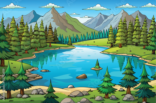 Majestic mountain lake view with a green forest and clear sky