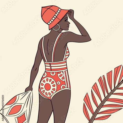 Retro summer fashion black woman beachwear