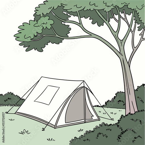 Camping tent underneath a large tree in nature