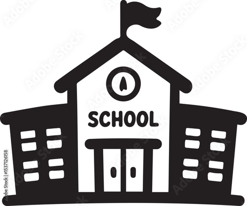 A modern school building with a flag on top simple silhouette vector illustration.