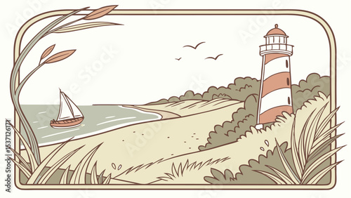 Vintage-style seaside landscape illustration featuring a lighthouse and sailboat
