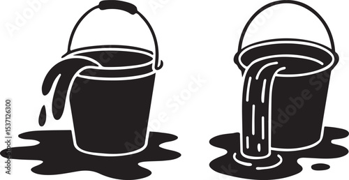 A set of two metal buckets overflowing water silhouette vector illustration.