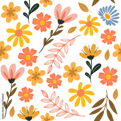 Seamless floral pattern with colorful flat design flowers and leaves on white background. Perfect for fabric, wallpaper, wrapping paper, and spring-themed design projects