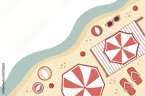Top-Down View of Beach Scene with Umbrella, Towel and Summer Accessories