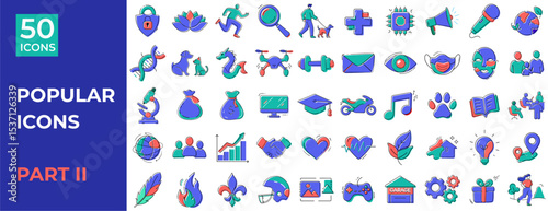 Popular icons set including health, technology, and lifestyle concepts in vibrant colors representing various themes in doodle style. Part 2