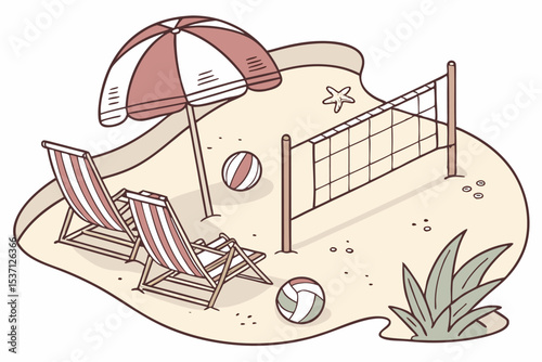 Whimsical Beach Scene with Deck Chairs, Volleyball Net, and Sandy Details