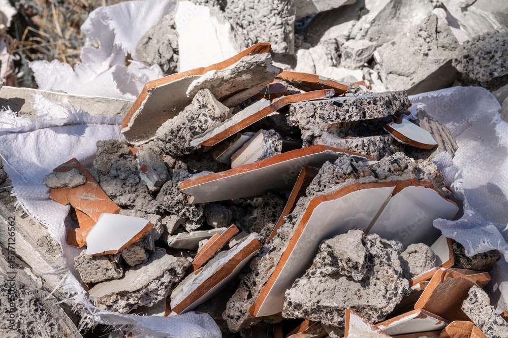 Obraz premium Broken tiles and construction debris in plastic sacks – illegal disposal of renovation waste in the nature