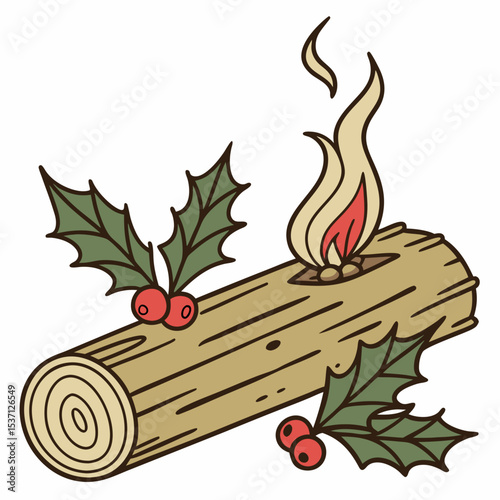 Yule log christmas burning holly berries festive
