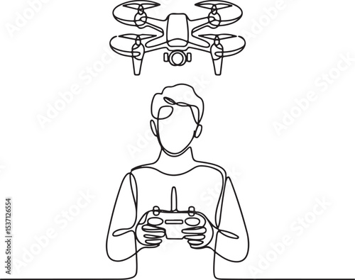 continuous single line drawing of a person flying a quadcopter drone with controller in modern black and white line art