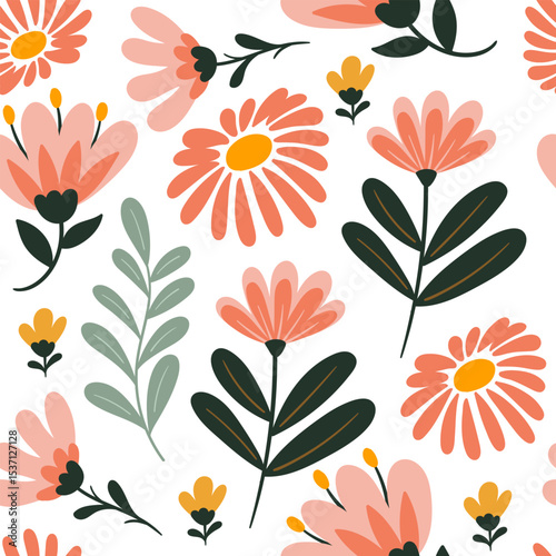 Seamless floral pattern with colorful flat design flowers and leaves on white background. Perfect for fabric, wallpaper, wrapping paper, and spring-themed design projects