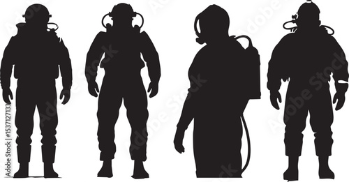 Four Diver Silhouettes Deep Sea Diving Suits Vector Illustration