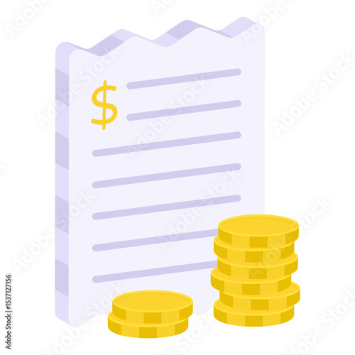 Isometric Bill with Gold Coins Represents Financial Statement for Accounting and Business Budget