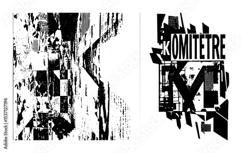 Vector Abstract distressed typographic with bold lettering and fragmented shapes.