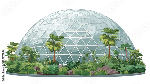A digital rendering of a geodesic dome greenhouse set against a white background.  The dome is predominantly composed of transparent glass panels forming a geometric pattern.
