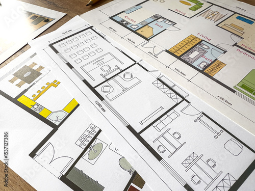 house project sketch plans blueprints with  pencil. Concept of building house industry