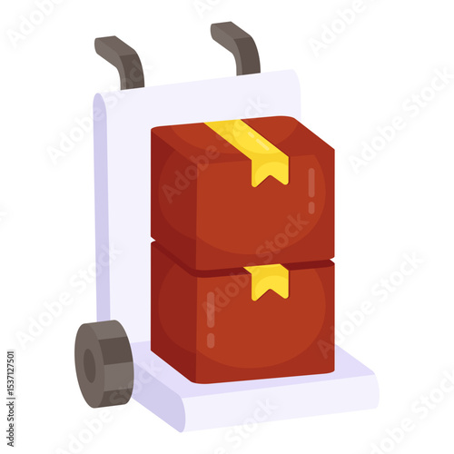 Illustration of a hand truck carrying two stacked, sealed cardboard boxes.