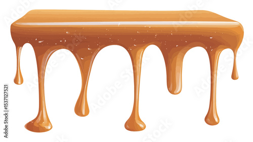 A digital illustration of a rectangular block of melted caramel with several thick streams dripping down from the bottom edge against a white background. The caramel is depicted with a glossy 
