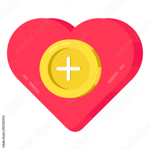 A red heart shape with a yellow coin featuring a white plus sign in the center.