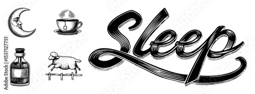 Vector Sleep themed vector featuring moon beverage bottle sheep and stylized typography.