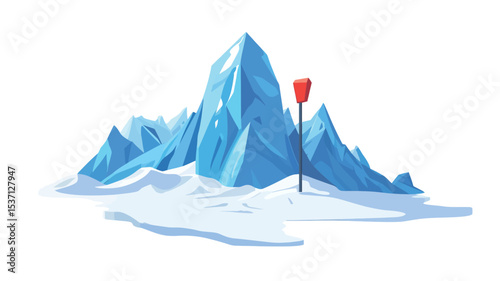 A stylized illustration of a mountain peak with a small red marker. The mountain is depicted in shades of blue, suggesting ice or snow. The snow is represented by white areas around the base of the