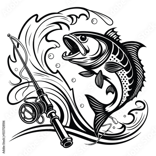 Jumping Trout with Rod – Black and White Fishing Vector Set