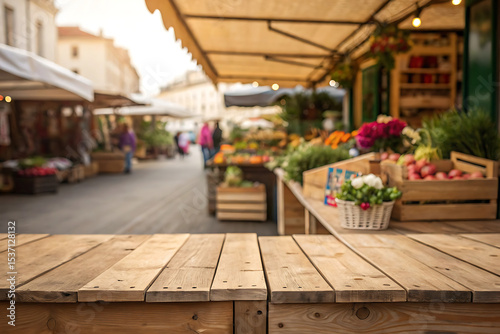 A wooden stall in the foreground with a blurred background of an open-air market. The background includes various vendors selling fresh produce, flowers, and handmade AI generated
