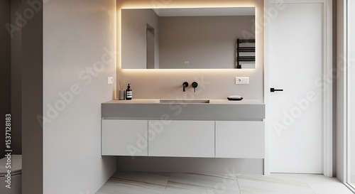 Modern minimalist bathroom interior with illuminated mirror and sleek design details