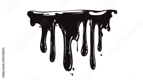 The image is a vector illustration or digital rendering depicting a black liquid substance dripping down from a horizontal line. The liquid is depicted with varying thicknesses of drips