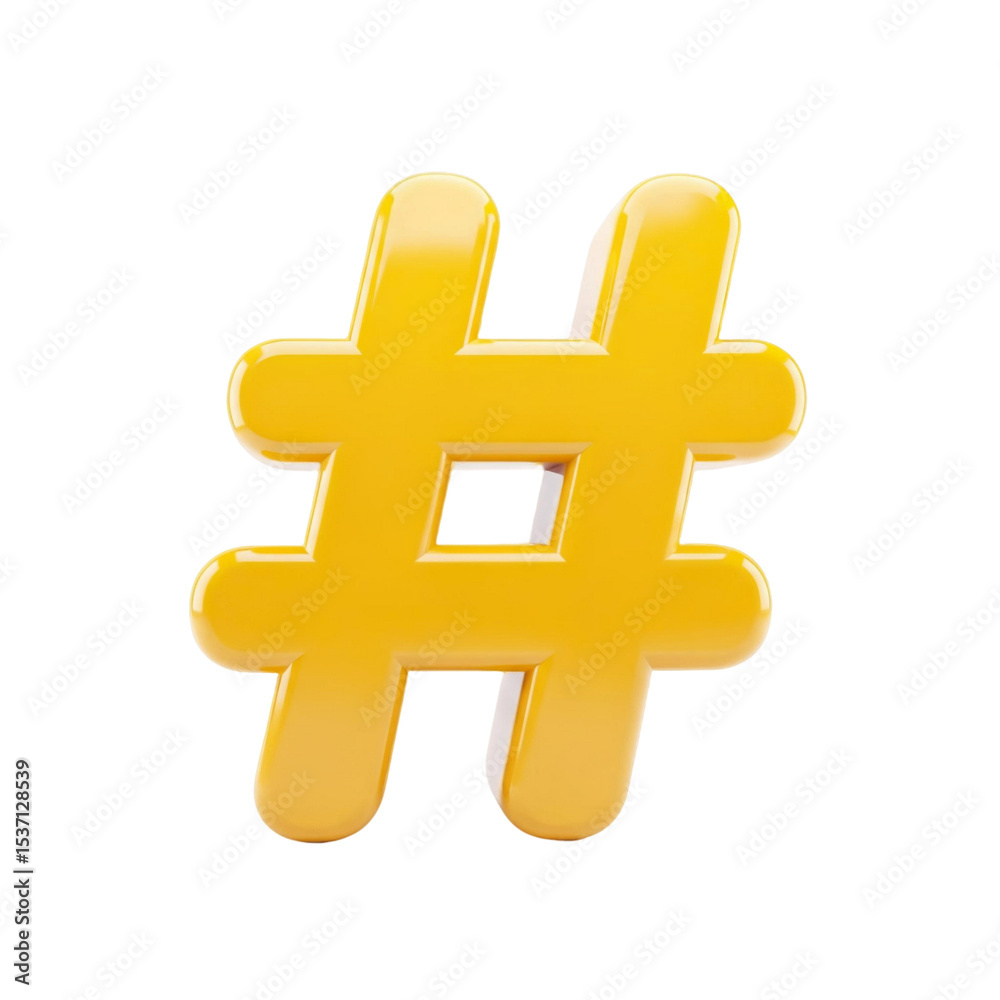 Fototapeta premium Isolated glossy vivid yellow hashtag symbol floating in a void with smooth rounded edges and bright highlights on transparent background