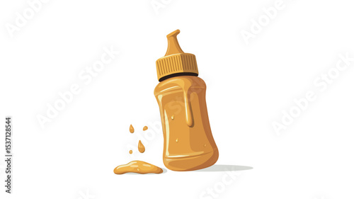 A digital illustration depicting a bottle of honey with honey dripping down its side and a small puddle of honey spilled on the surface below. The bottle is a light amber color