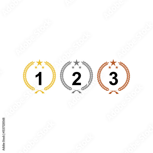 Gold, silver, and bronze award medals featuring numbers 1, 2, and 3 with laurel wreaths and stars. Ideal for ranking and achievement recognition.