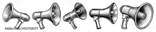 Vector Vintage megaphones set in engraved style.