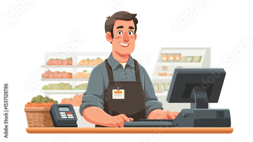 A digital illustration depicting a friendly-looking male grocer sitting behind a checkout counter in a grocery store.  He is wearing a dark apron and is using a desktop computer. 