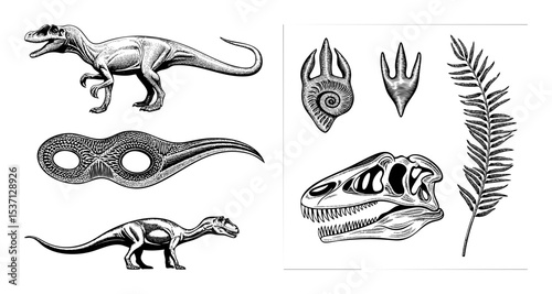 Vector Detailed vector illustrations of dinosaurs fossils and prehistoric flora.