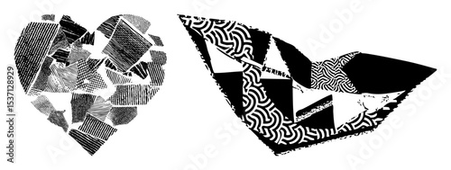 Vector Abstract faces composed of geometric shapes and swirling .