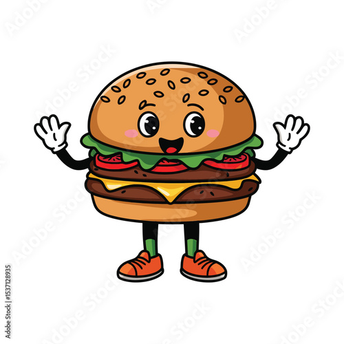 A cute cartoon hamburger character with a smiling face. The burger has sesame seed buns, bright eyes, and cheerful expression.