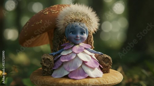 Enchanted fairy sitting on a mushroom throne in forest