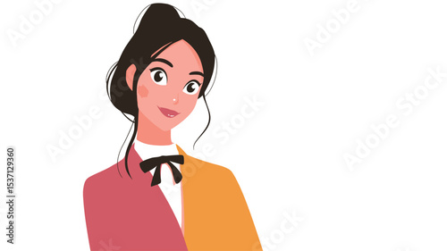 The image is a digital illustration or vector graphic depicting a young woman. She has dark brown hair tied up in a bun and large expressive green eyes. She is smiling and appears friendly and