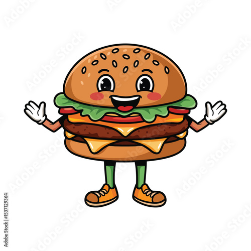 A cute cartoon hamburger character with a smiling face. The burger has sesame seed buns, bright eyes, and cheerful expression.