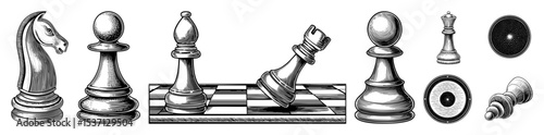 Vector Detailed chess pieces featuring knight pawn king and queen.