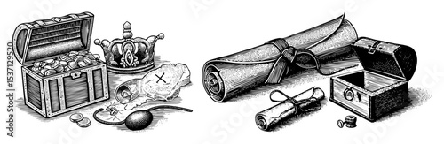 Vector Vintage treasure chests scrolls and regal crown .
